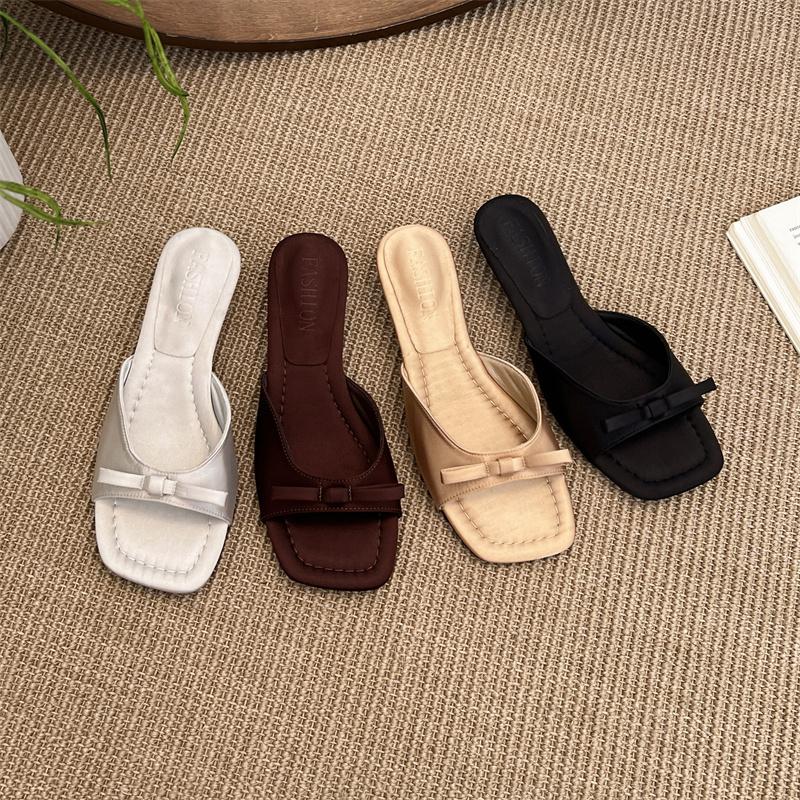 

Ladies Silk Satin Half Slippers Women s One-Strap High Heels Spring Summer New Fashion Versatile French Butterfly Knot Shoes 42 шоколадний