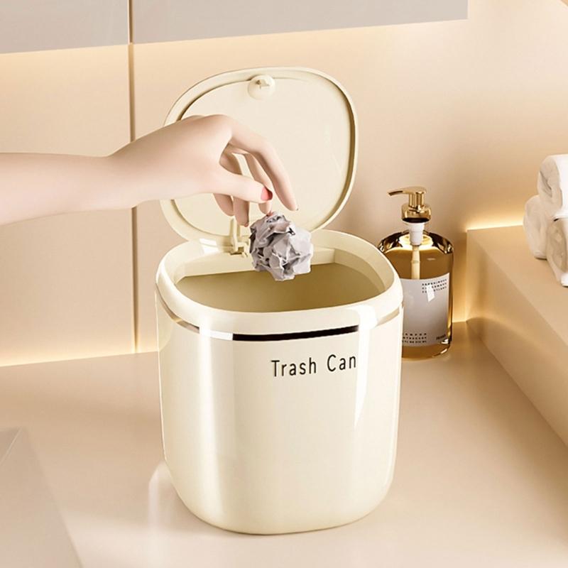 Mini Cream Flips Lid Trash Can Durable Plastic For Desk Organization In Dorm And Office With Space Saving