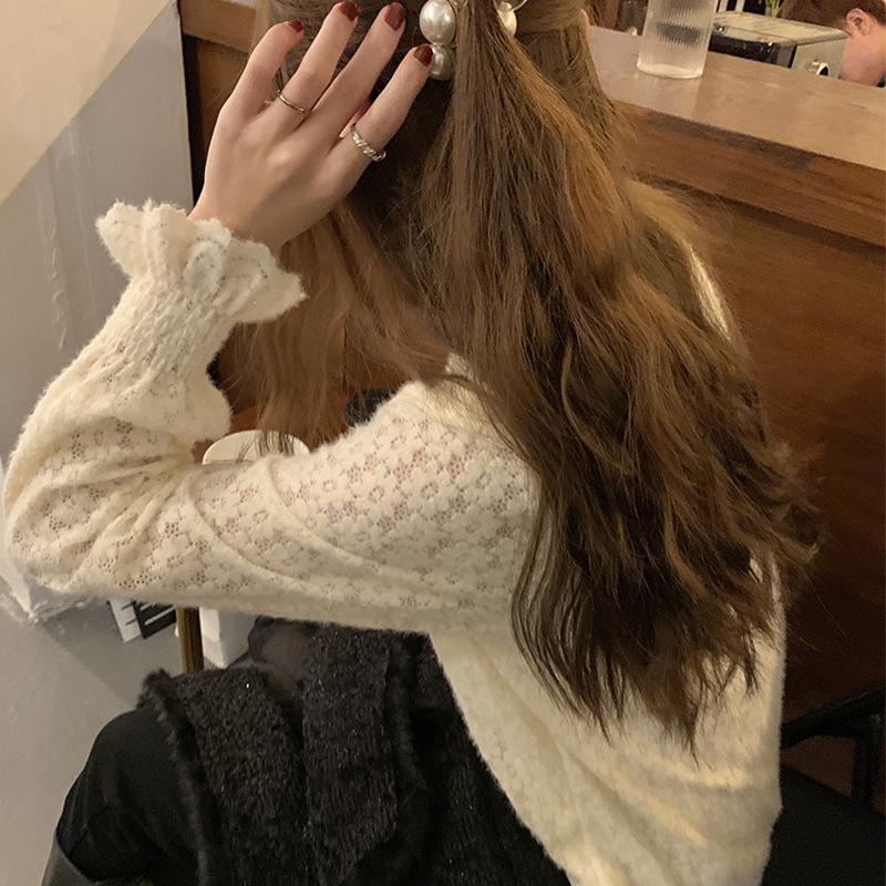 Dámská krajková košile s vysokým límcem ve větších velikostech - Zimní s fleecovou podšívkou, Dutý design, Vnitřní vrstva s počesem