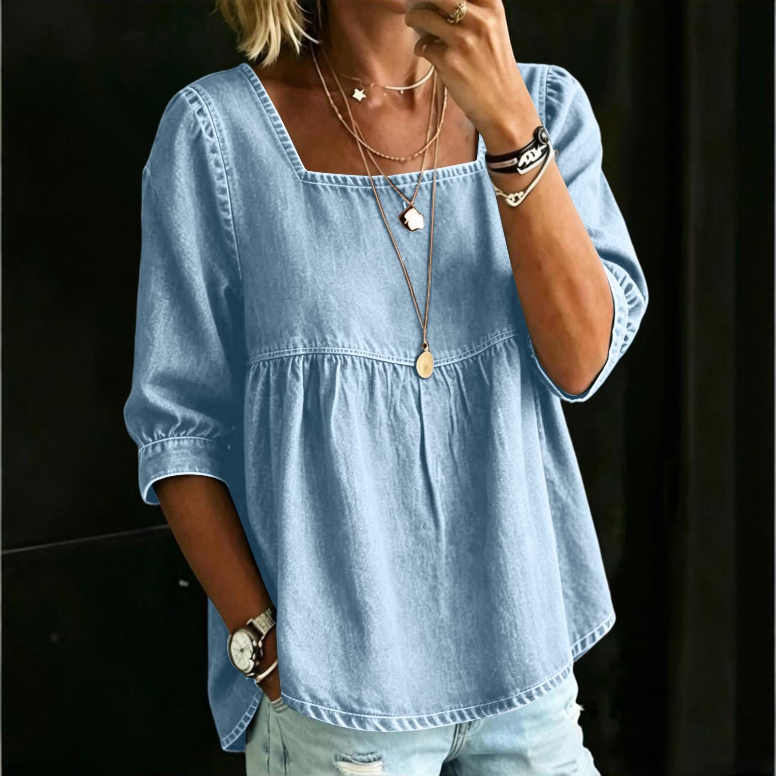 Women s Denim Shirt with Lace – Casual Button Down Blouse, Lightweight Top for Spring L
