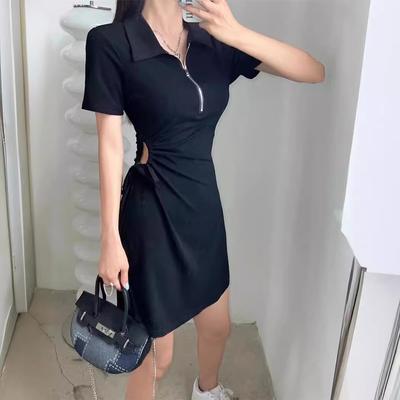 Casual Age-reducing Polo Collar Dress Women's Summer New Drawstring Hollow Pleats Waist Thin Short Skirt