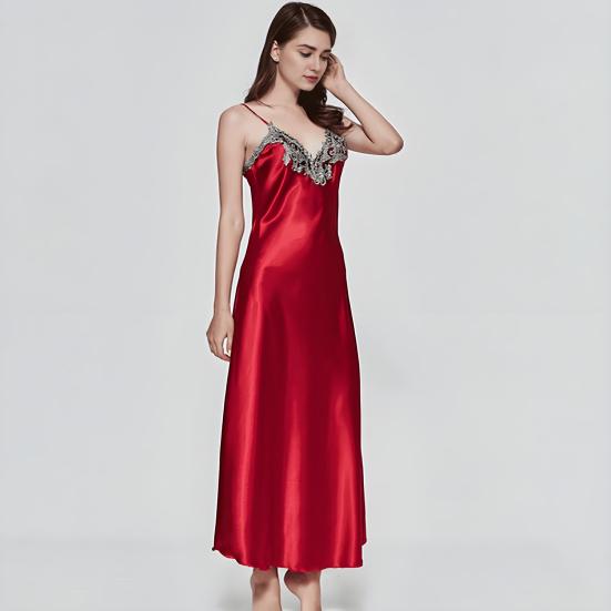 Women's Satin Lace Nightgown Spaghetti Strap Sleeveless Slip Dress Soft V Neck Maxi Sleepwear Silky Chemise Nightdress