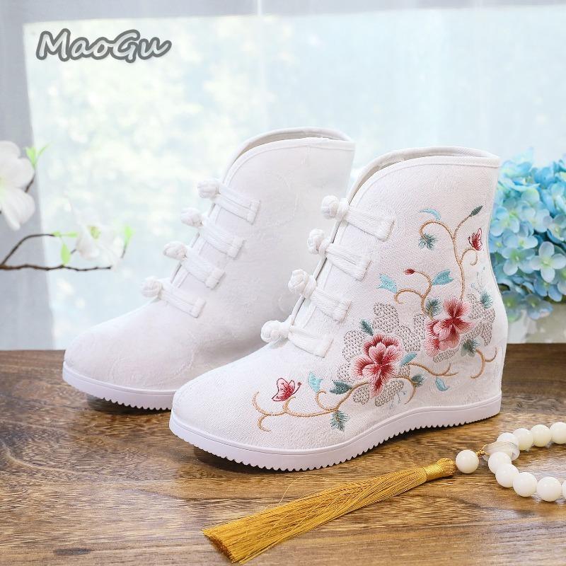 Chinese Style Embroidered Floral Cotton Boots Wedges Heel Women's Fur Winter Warm Ankle Snow Shoes Comfortable Bottines Size 35