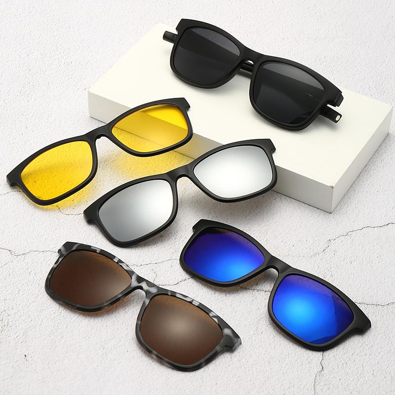 6 In 1 Spectacle Frame With 5 PCS Clip On Black Polarized Sunglasses Magnetic Telescopic Leg Glasses Male Computer Optical