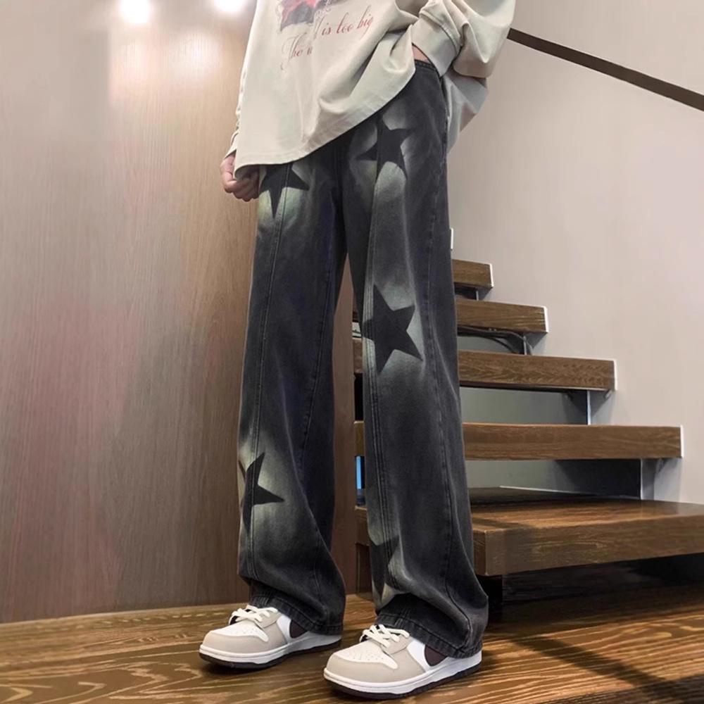 

Unisex Korean Street-Style Elastic Waist Dark Star Jeans - Trendy Loose Straight-Leg for Spring & Autumn. L