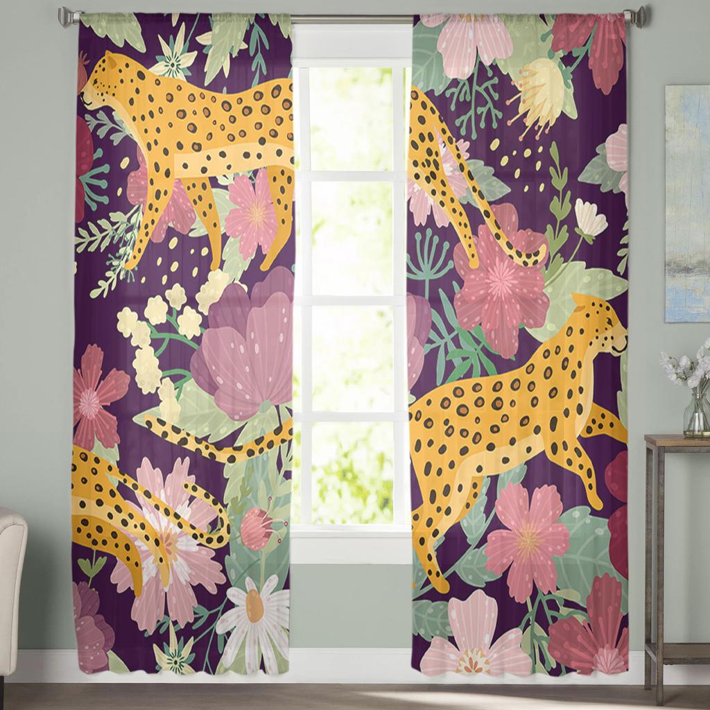 Leopard On Colored Flowers Tulle Sheer Window Curtains for Living Room Kitchen Children Bedroom Voile Hanging Curtain