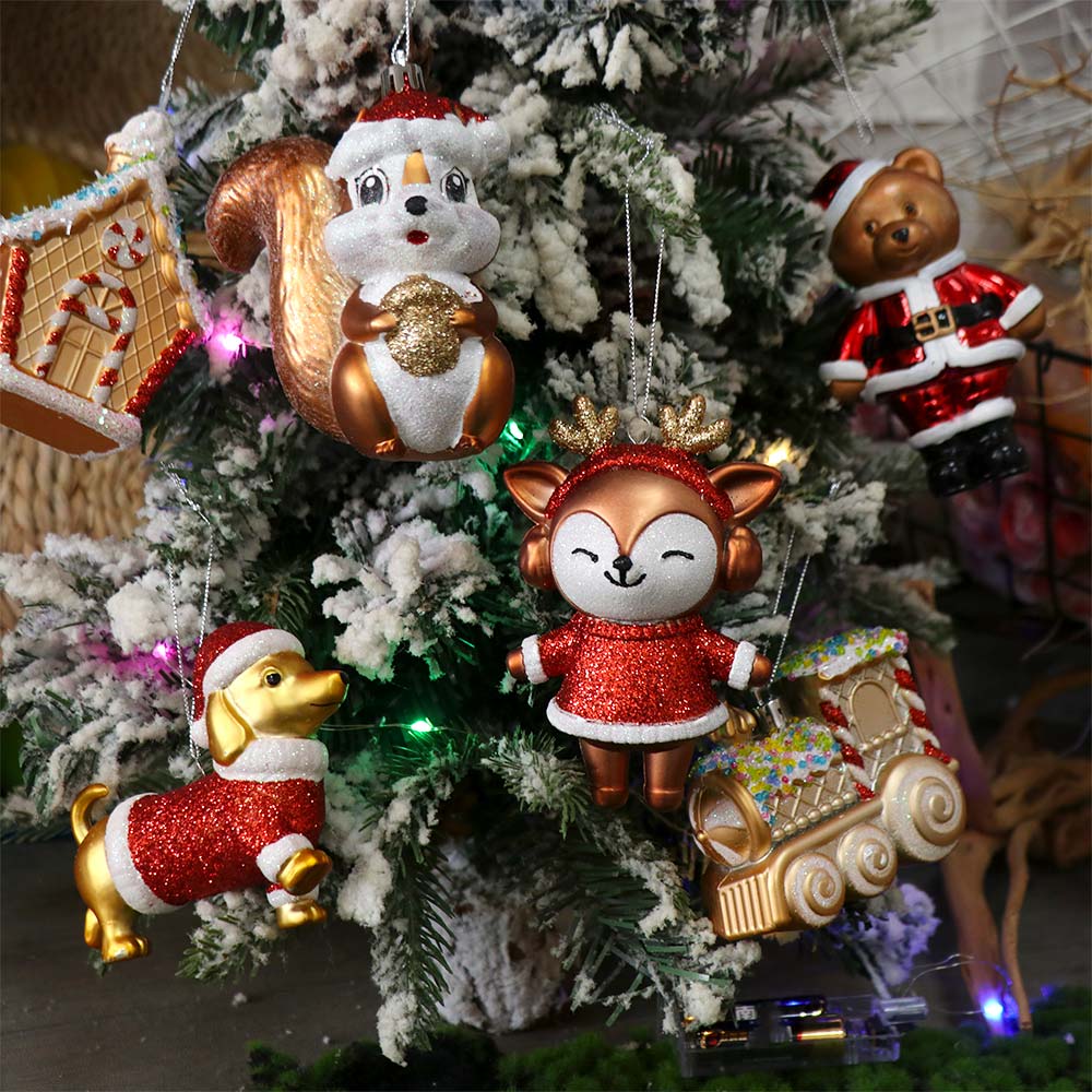 Gold Christmas Tree Pendant Matte Finish Cartoon Little Bear Squirrel Ornament Christmas House Shimmering