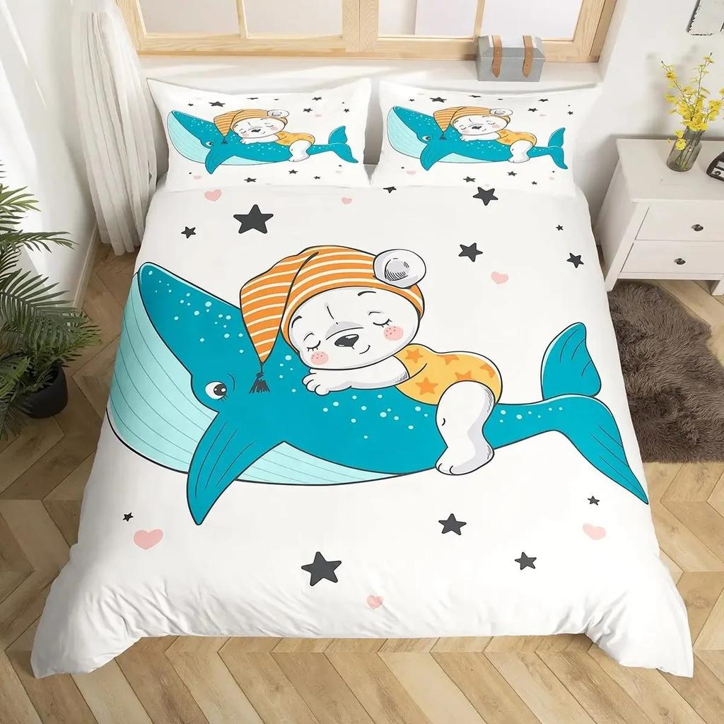 Funny Pirate Cat Duvet Cover Set Cat Riding Whale Japanese-Style Sea Wave Bedding Sets Stripe Lines Comforter Cover Full Queen