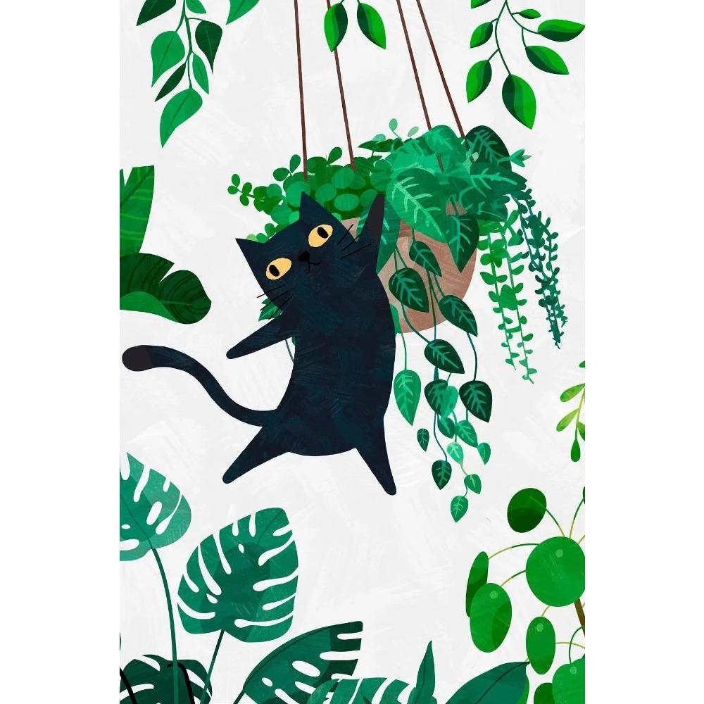 Watercolor Cute Kittens Potted Plant Canvas Print Cartoon Green Plants Animals Wall Art Postes for Modern Living Room Home Decor