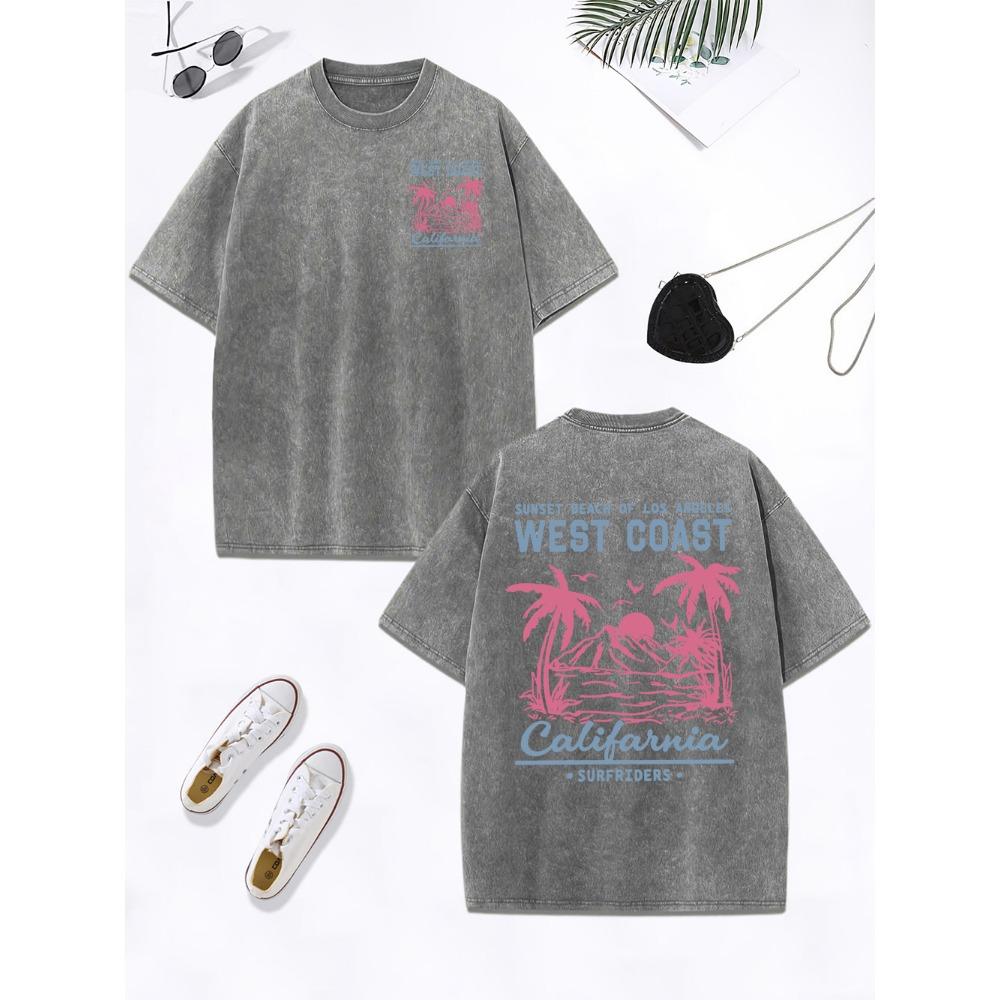 California West Coast Beach Printing Washed T-Shirts Women Cotton Oversize T Shirt O-Neck Comfortable Tops Womans Clothes