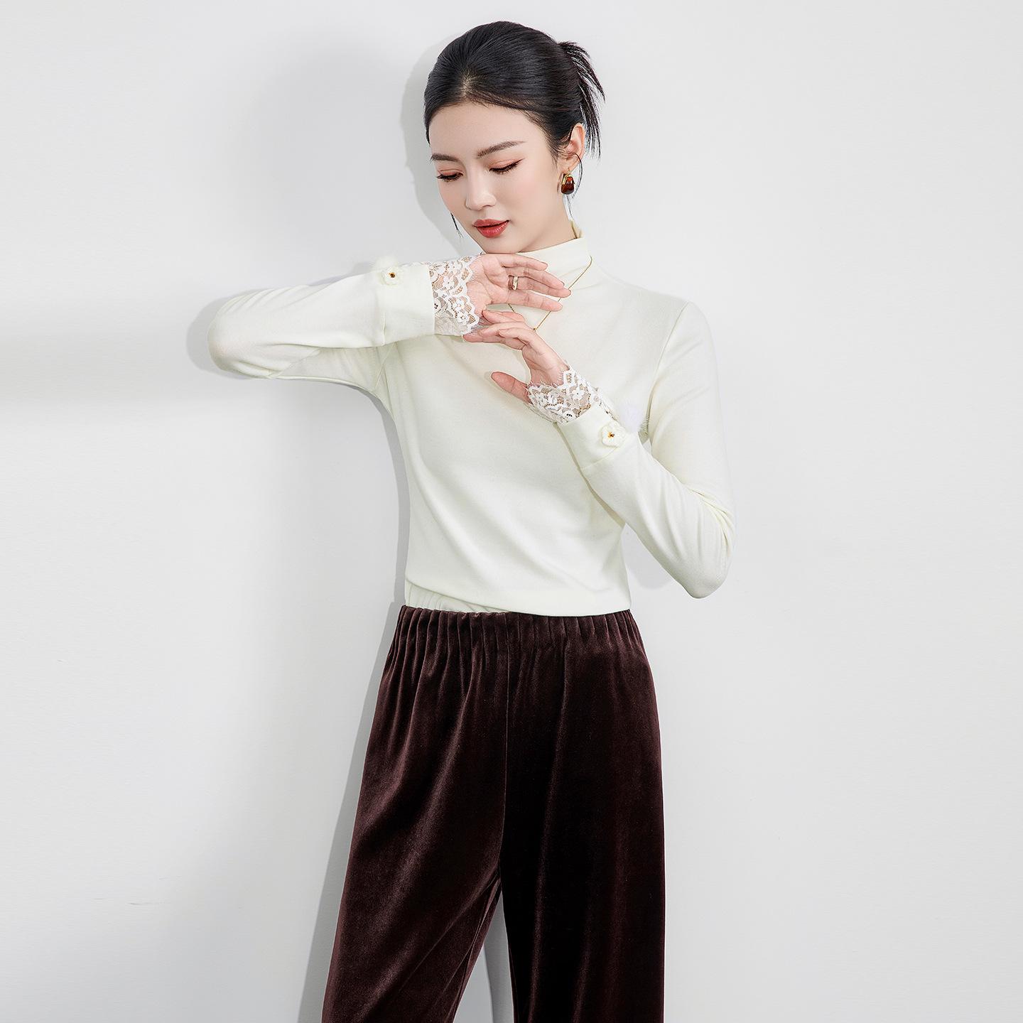 Stunning High Neck Lace Patchwork Long Sleeve Top - Autumn/Winter New Arrival L белый