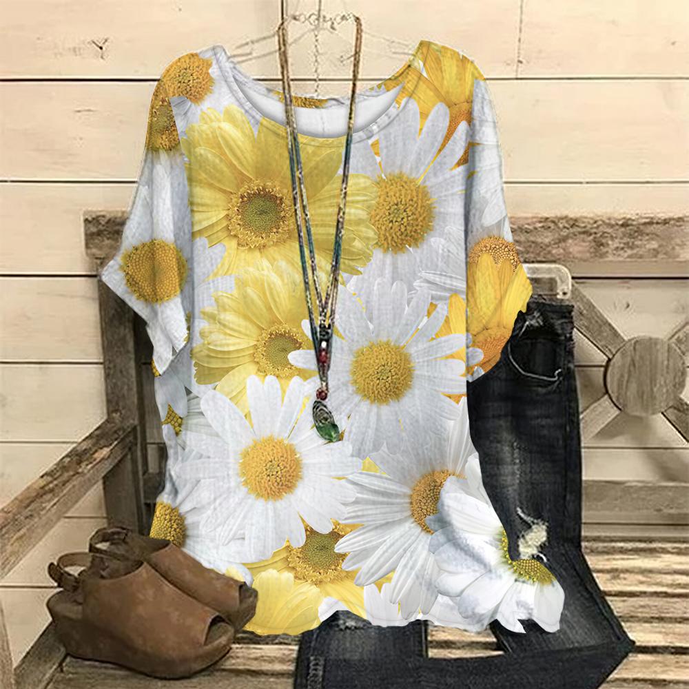 Oversize Women's T Shirts Round Short Sleeve T-Shirts Casual Tops Clothing 3d Flowers Printing Everyday Life Clothing Streetwear