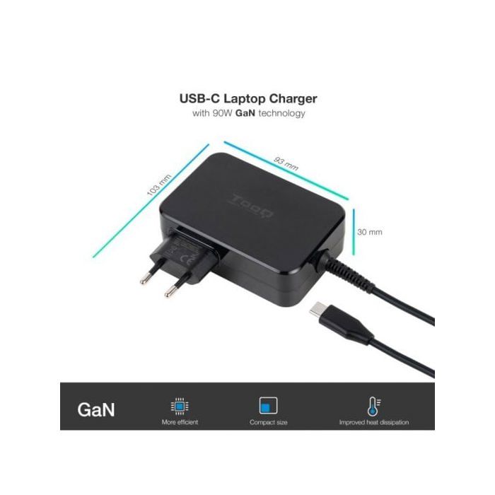 Chargeur pour ordinateur portable - Tooq - Gan USB-C Pd3.0 90W - Noir - 1 câble de 0,8 mètre - Compatible MAC