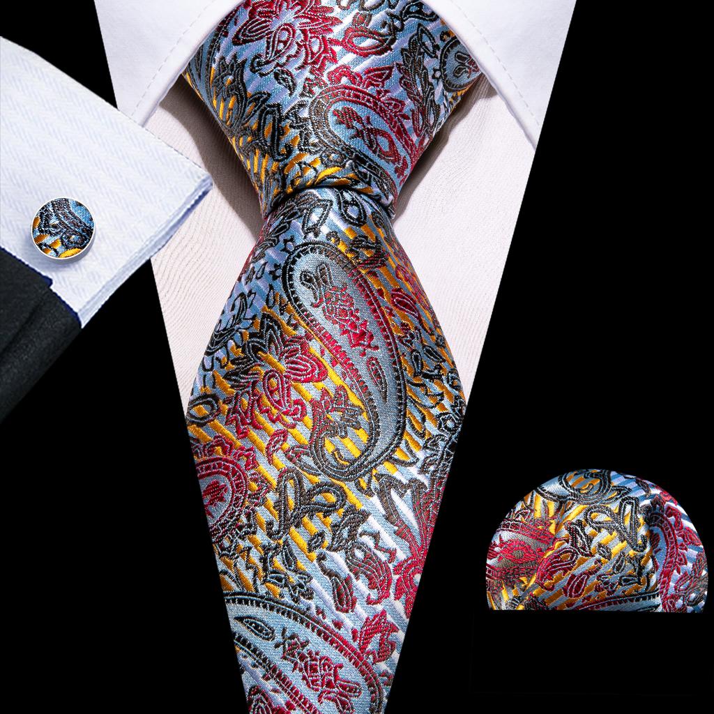 Barry.Wang Floral Ties for Men Woven Paisley Wedding Necktie Handkerchief Cufflinks Formal Casual Set