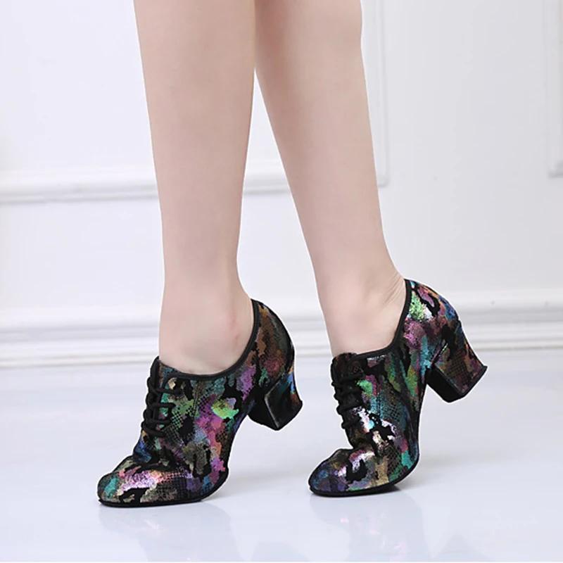 Ballroom Latin Dance Shoes Women Mid-Heeled Camouflage Dance Shoes Closed Toe Leather Teacher Shoes Tango Jazz Square