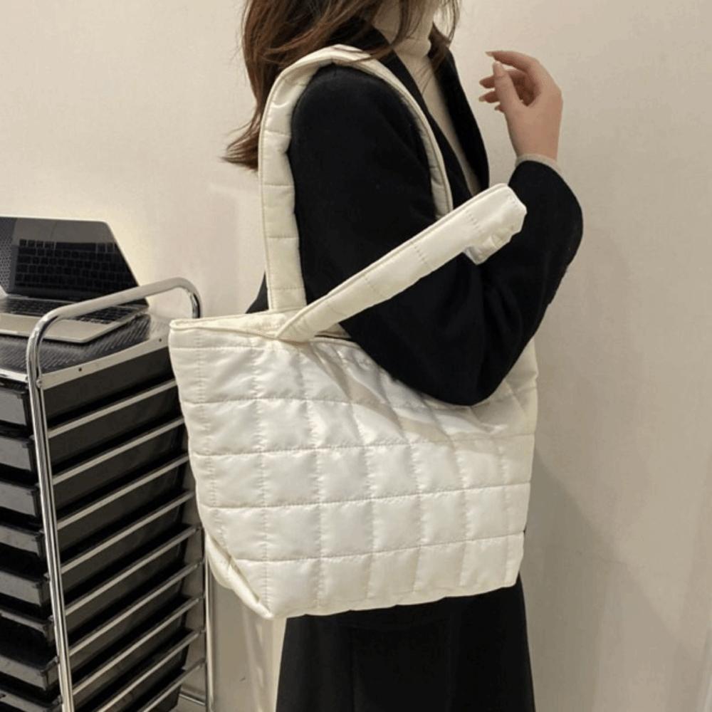 Solid Color Fashion Tote Bag Korean Style Quilted Handbag Cotton-padded Tote Bag  Daily Commute
