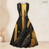 Women Plus Size Two Piece Set Black Gold Geometric Printed Sleeveless Round Neck Tie Waist Flared Dress Three Quarter Sleeve Open Front Cardigan