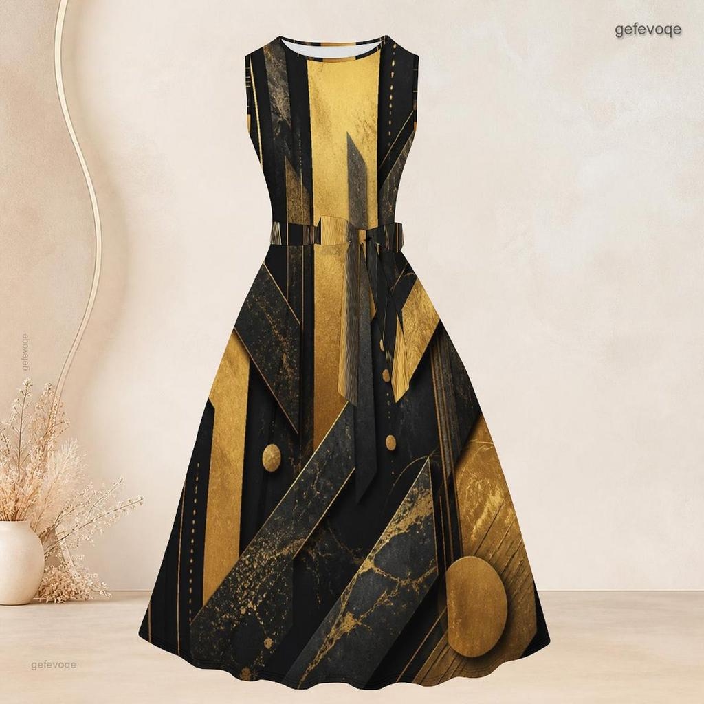 Women Plus Size Two Piece Set Black Gold Geometric Printed Sleeveless Round Neck Tie Waist Flared Dress Three Quarter Sleeve Open Front Cardigan