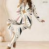 Women Plus Size Two Piece Set Half Zip Long Sleeve Geometric Printed Long Top And Fitted Pants