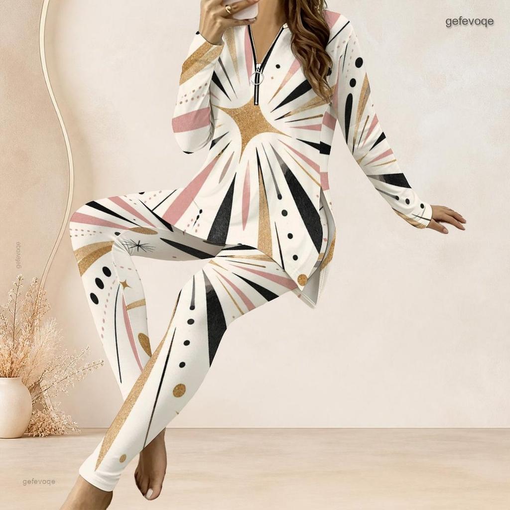 Women Plus Size Two Piece Set Half Zip Long Sleeve Geometric Printed Long Top And Fitted Pants