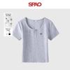 SPAO Damen T-Shirt mit Stickerei-Bär, U-Ausschnitt, Knopfleiste vorne
