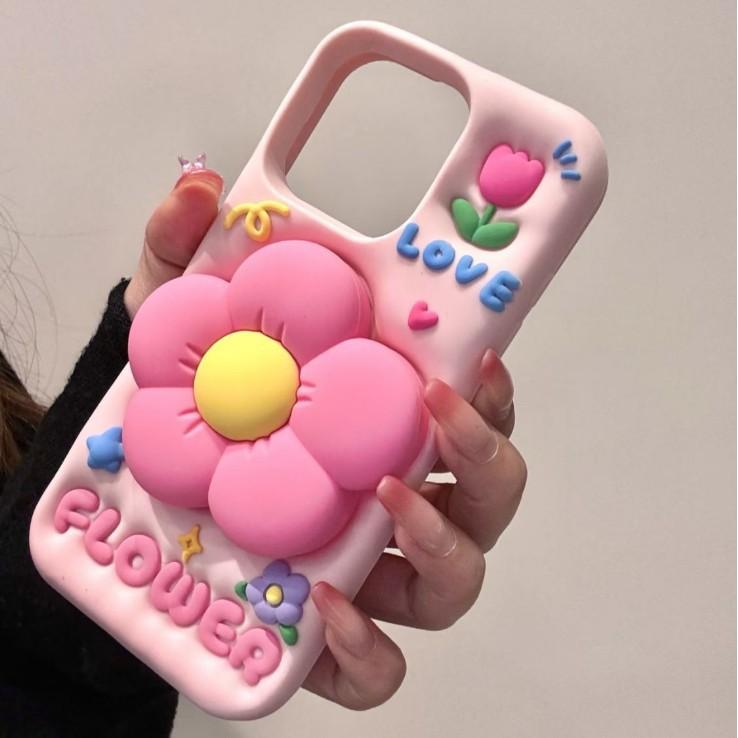 Girl's heart pink three-dimensional flower bracket for iphone16promax Apple 15 mobile phone case 14 new women