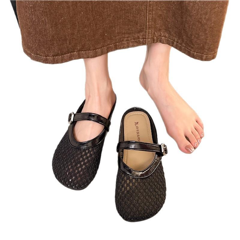 Hollow woven bag head half slippers women's summer wear new flat bottom breathable one pedal hole shoes sandals