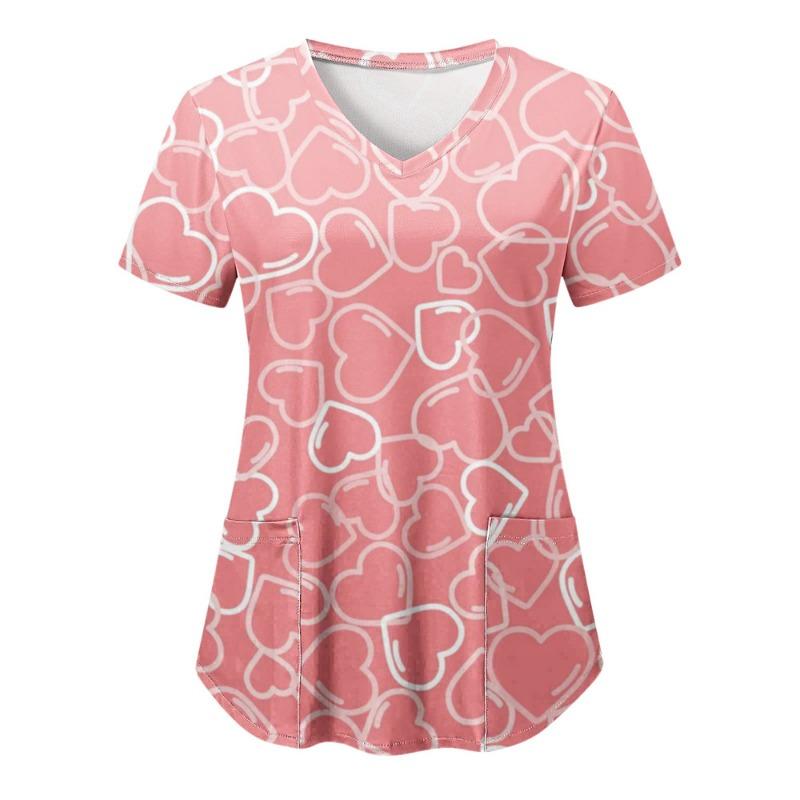 Toppar Dam Skrubb Sjuksköterska Tryck Kort Ärm Tecknad V-ringad Toppar Arbets T-shirts Hjärttryck Sjukvård Tunika Vårdare Arbetskläder Toppar
