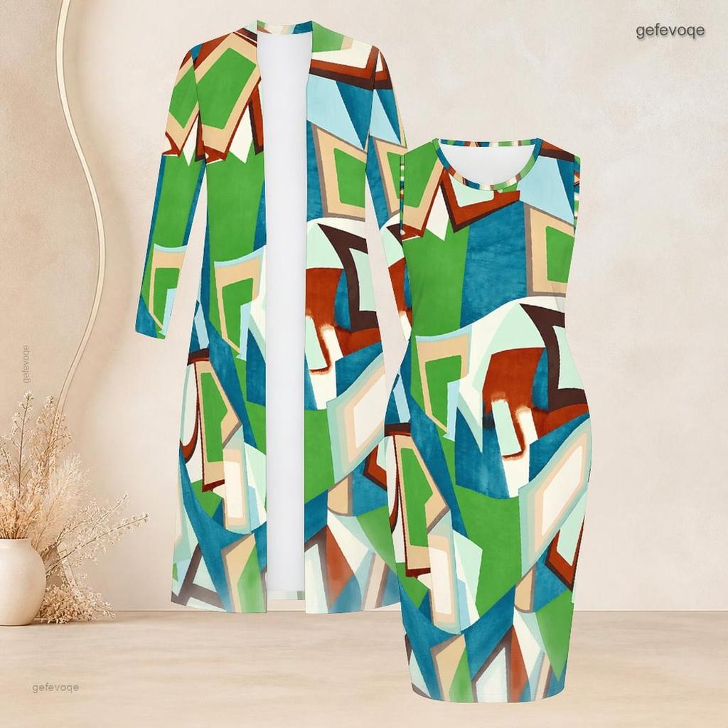 Women Plus Size Two Piece Set Long Sleeve Open Front Cardigan Round Neck Sleeveless Printed Bodycon Dress