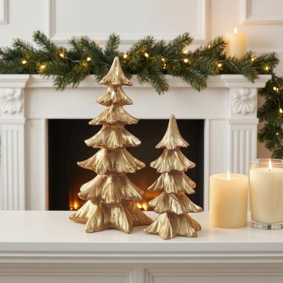 Gold Festive Figurines 2Pcs Christmas Tree Ornaments, Vintage Tabletop Decoration for Holiday Seasonal Display Pieces Home Decor And Fireplace Mantel