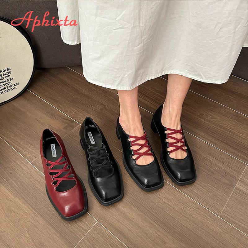 Fashion Aphixta Elegant Woman Shoes Red Cross Starp Leather Pumps Female Shallow Mary Janes  Square Toe Shoes Drop Shipping Plus Size 43