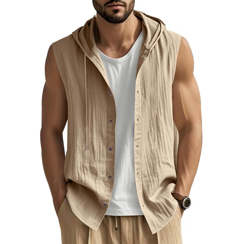 2025 Summer Mens Sleeveless Shirt New Men Loose Casual Linen Hooded Shirt Male Thin Waistcoat Male Trendy Casual Shirt