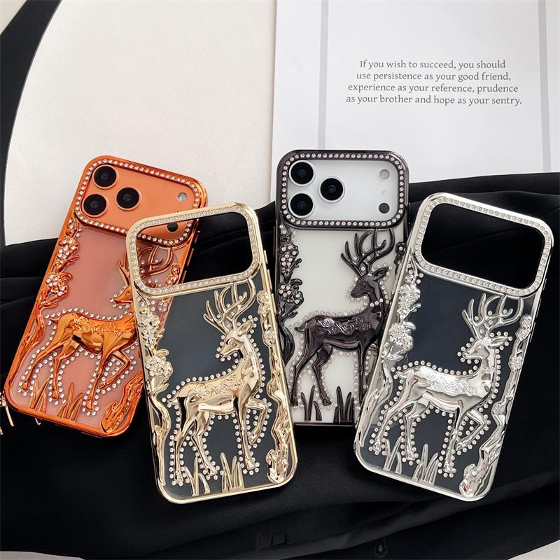 Women Girl's Glitter Diamond Elk Phone Case For iPhone 17 Air 12 13 14 15 16 17 Pro Max Transparent Plating Soft Silicone Cover