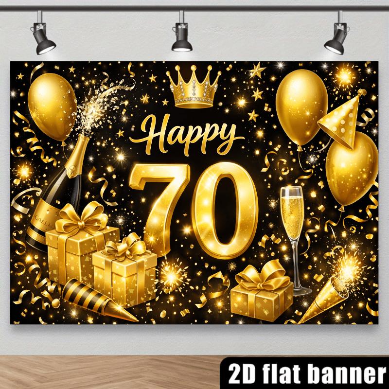 2D Plane 70th Birthday Party Backdrop - Golden Luxury Theme  Durable Polyester Material  Suitable for Family Gatherings