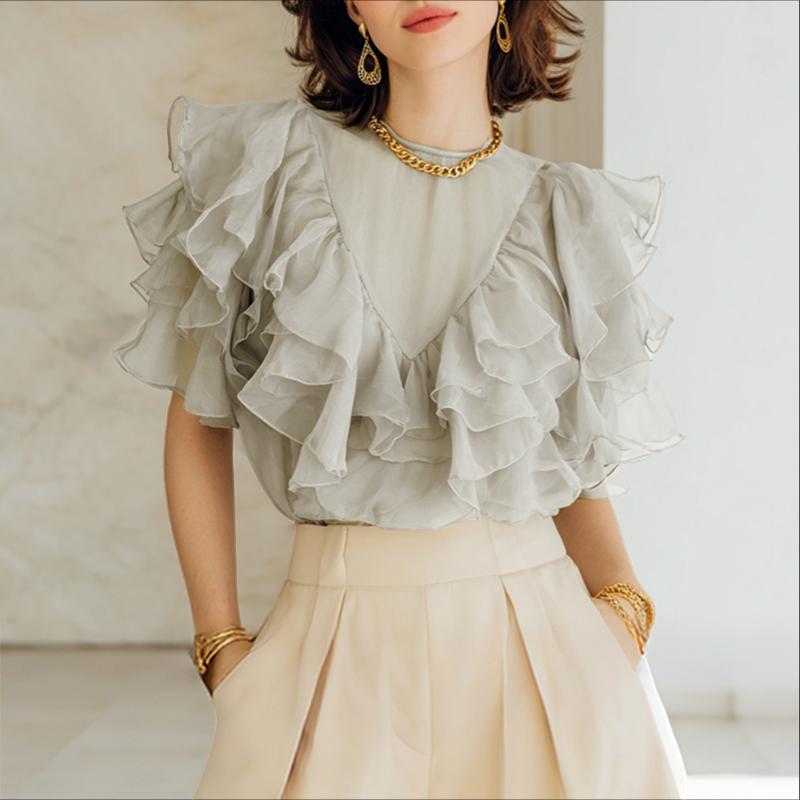 ZANZEA Damen Sommer Casual Kurzarm Durchsichtige Rüschen Überwurf Bluse