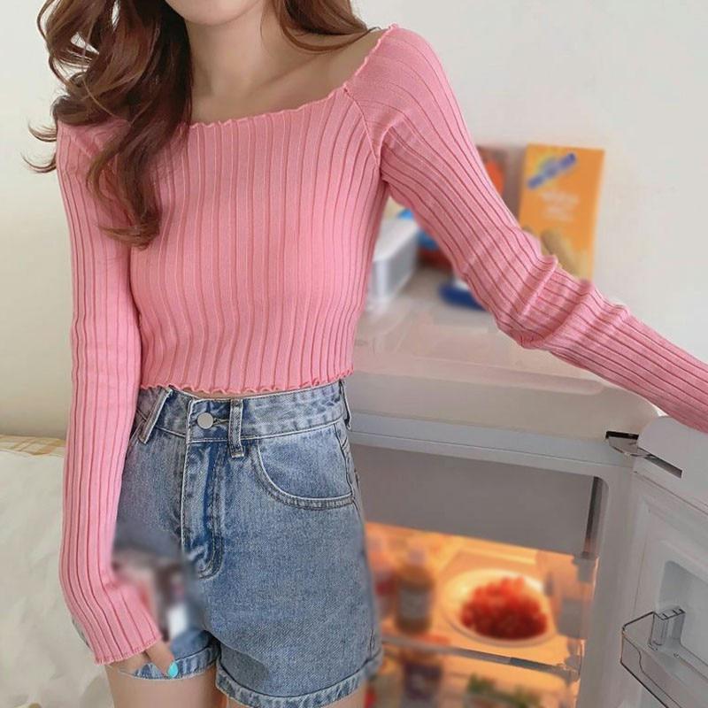 Women Full Sleeve Square Neck Sweater Knitted Basic Elasticity Pullovers Autumn Solid Jumpers