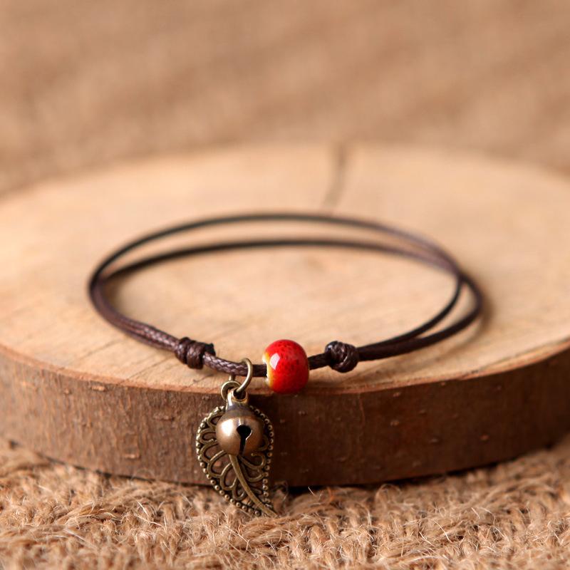 Ethnic Style Anklet For Women Vintage Bronze Leaf & Bell With Colorful Ceramic Bead Pendant On Leather Rope