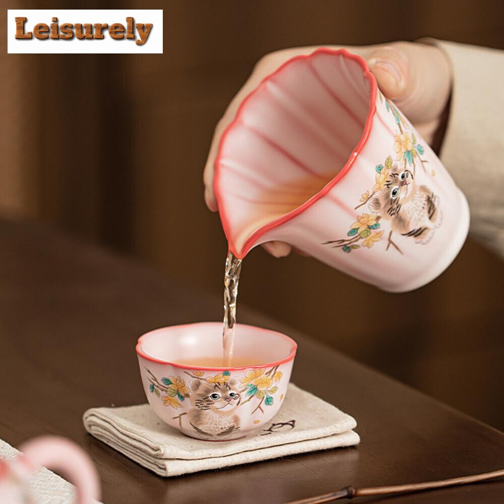 50ml Lard Jelly Frozen Ru Kiln Pink Porcelain Teacup Yellow Cat Tea Bowl Flower Mouth Cup Tasting Personal Mug Kung Fu Teaset