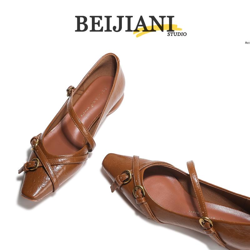 Beijiani Women's Cross-Buckle Sheepskin Mary Jane Square-Toe Flats