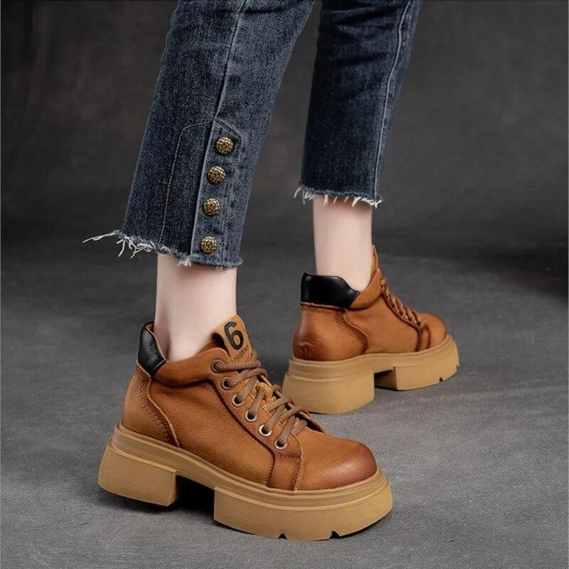 Johnature Retro Genuine Leather Lace-up Short Boots Round Toe Thick Sole Casual Versatile Women's Shoes