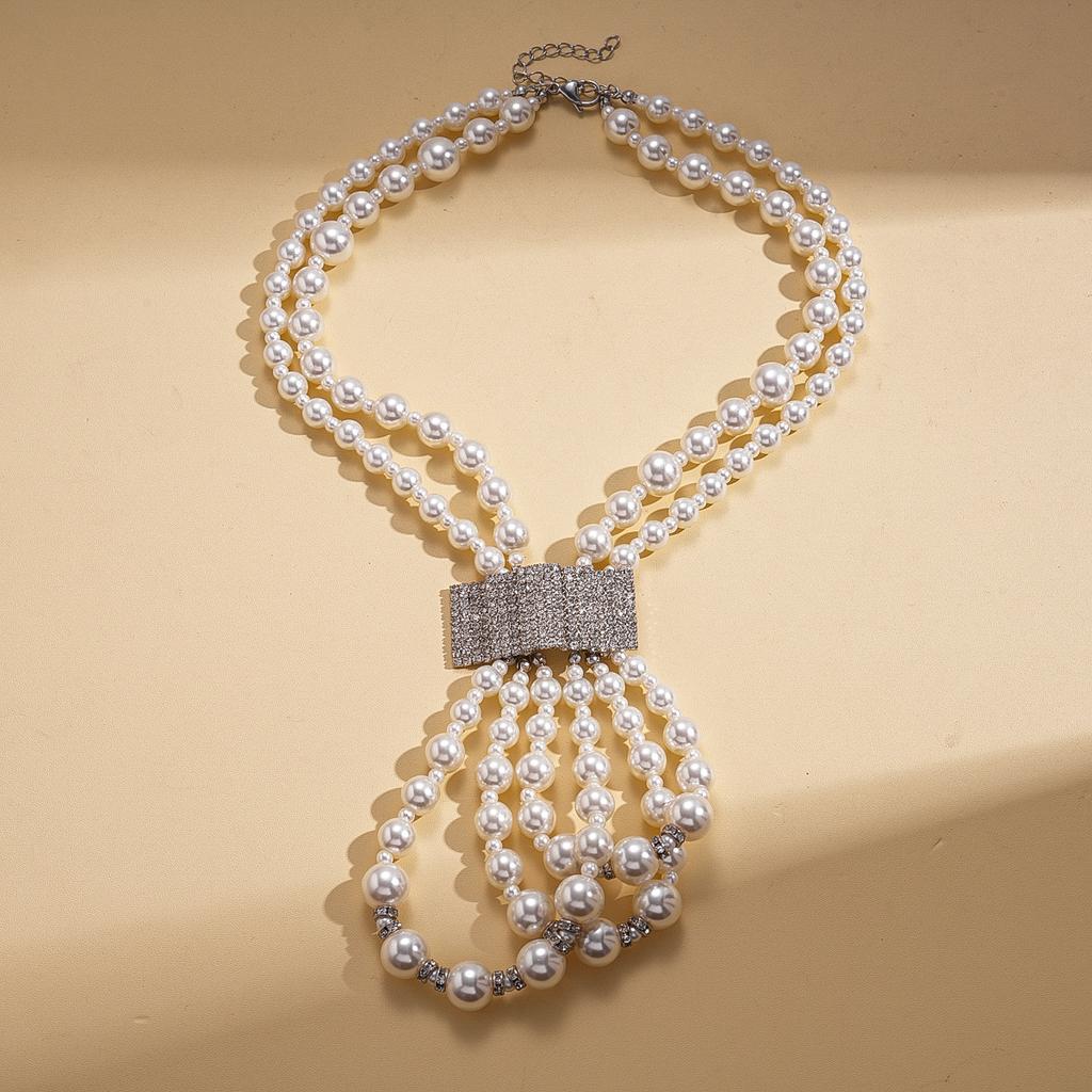 Diamond-encrusted glass pearl knotted double-layer necklace, personalized exaggerated adjustable necklace