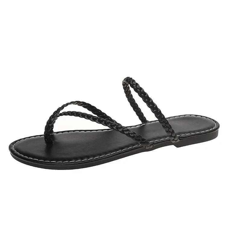 Plus Size 2025 Summer New Women’s Open Toe Slippers Round Toe Flat with Weave Outdoor Thong Sandals for Hot Sale Beach Slippers