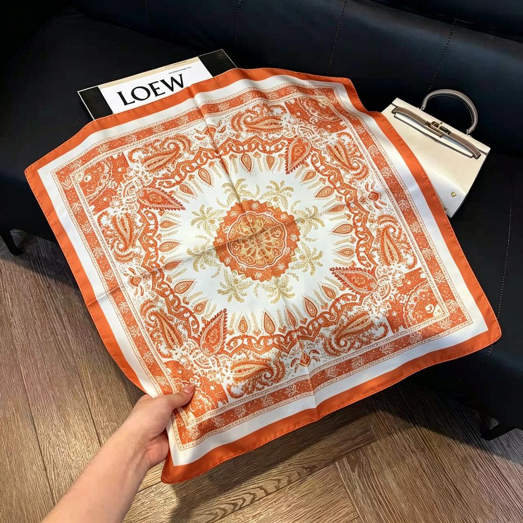 Sen green flower print fresh imitation silk scarf premium versatile square scarf neck protection scarf trendy headscarf scarf women