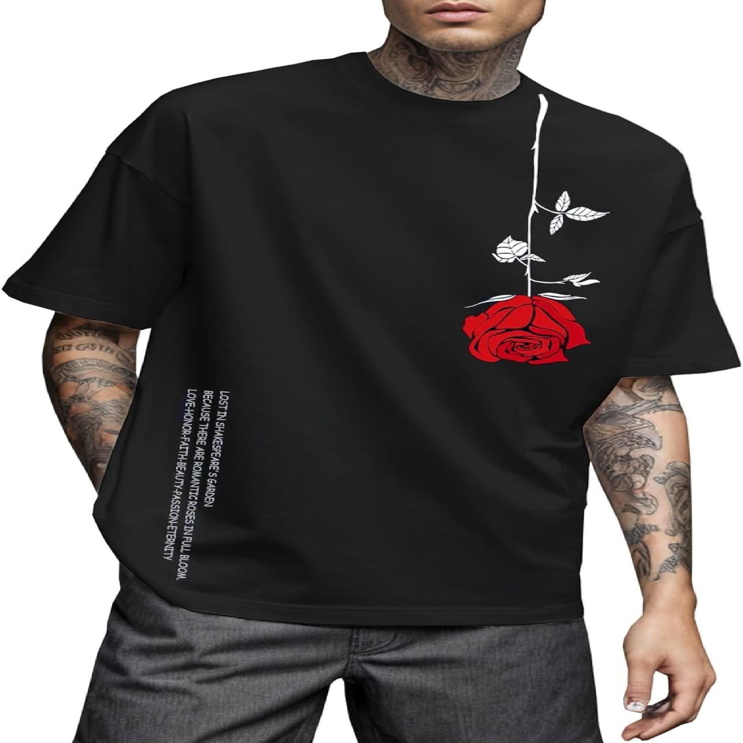 UOUA Mens Graphic Tees Vintage T-Shirts Oversized Letter Print Casual Crewneck Cotton Top Short Sleeve Rapper Streetwear S