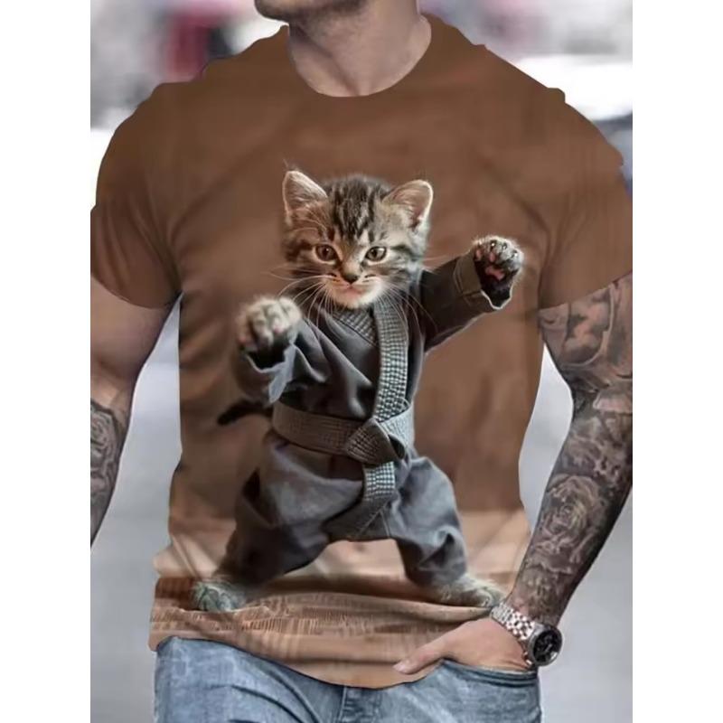 Men's Casual 3D Cute Cat Print T-Shirt O Neck Short Sleeve Pullover Streetwear Sportshirt Outdoor Tops Tee Oversized Clothing