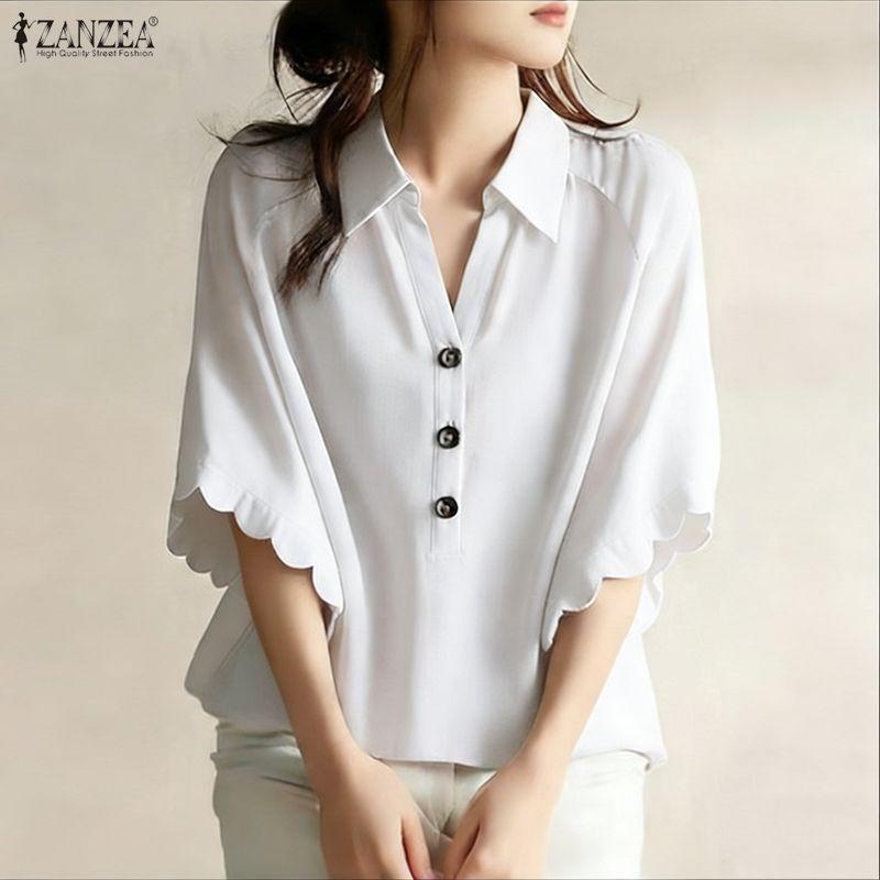 ZANZEA Women Classic Collar Loose Casual Half Sleeve Blouse