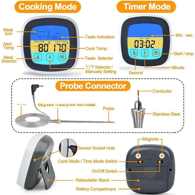 Digital Kitchen Thermometer Probe Touch Screen Meat Barbecue Food Temperature Measuring Tool Steak BBQ Timer Cooking Tools 1PC