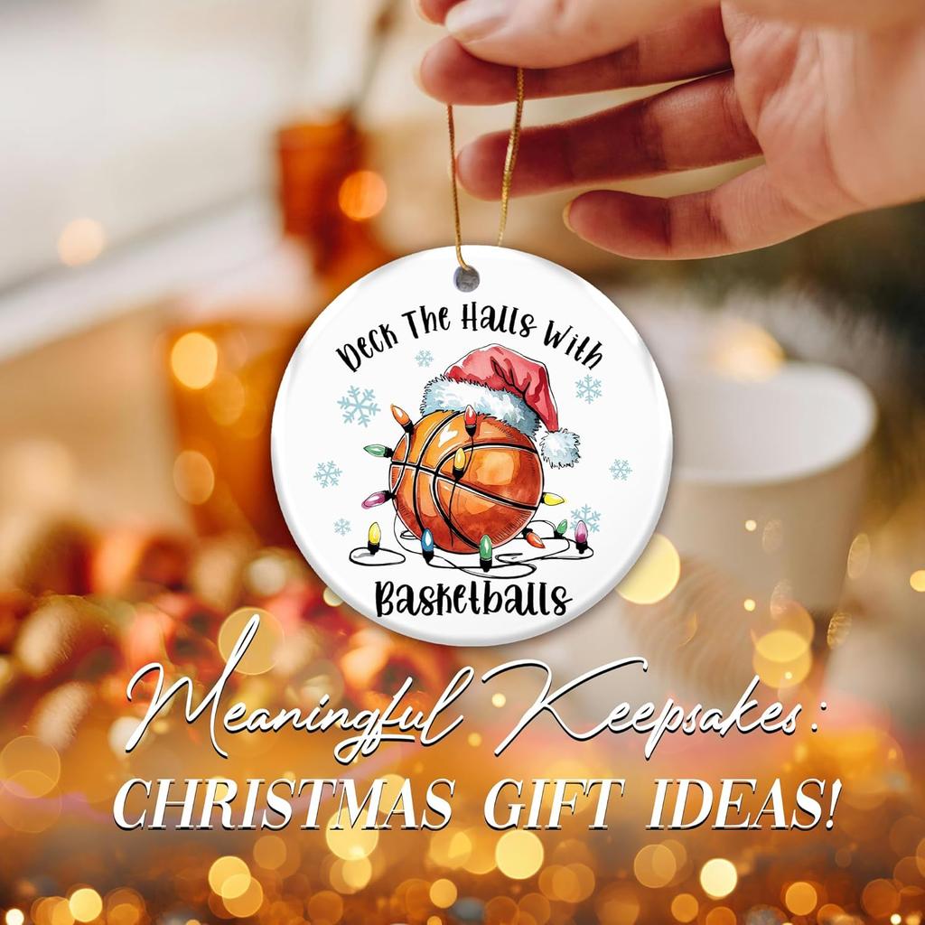 Basketball Ornament 2025, Deck The Halls with Basketballs Ornament – Santa Hat and Lights, White Elephant Gift for Players, Coaches, and Fans,