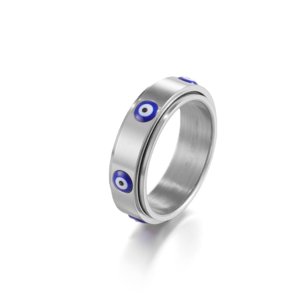 Blue Enamel Evil Eye Anxiety Rings Stainless Steel Spinning Rotate Fidget Ring Amulet Jewelry Gift for Men Women