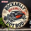 D Flat Metal Sign Retro Vintage Rockabilly Hot Rod Metal Sign Grunge Rusty Round Tin Plaque Classic Car Flame Wall Art Rock